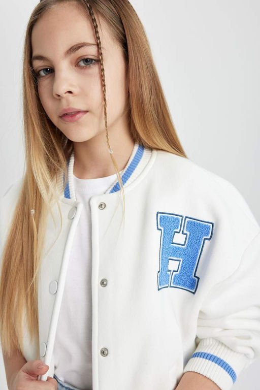 Кардиган-бомбер на толстой мягкой подкладке с воротником колледжа для девочек - Defacto фото 7