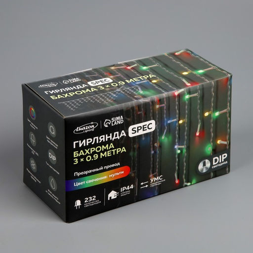 Гирлянда «Бахрома» 3×0.9 м, IP44, УМС, прозрачная нить, 232 LED, свечение мульти, 220 В