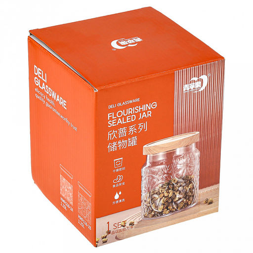 Банка стеклянная прижимная крышка Цитрус 1,15л, д12см h14см, деревянная крышка с уплотнителем, д/горла - 9,5см, д/основания - 11см, цветная коробка (Китай) - Домашняя мода фото 4
