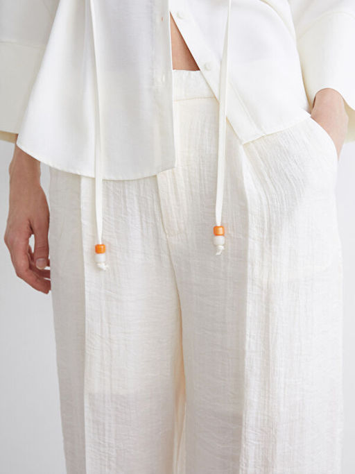 Beli Lastikli Keten G?r?n?ml? Kad?n Pantolon