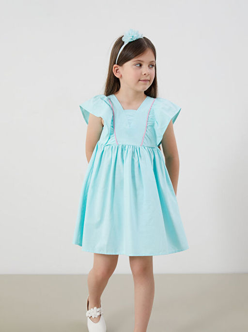 Kare Yaka Keten G?r?n?ml? K?z ?ocuk Elbise