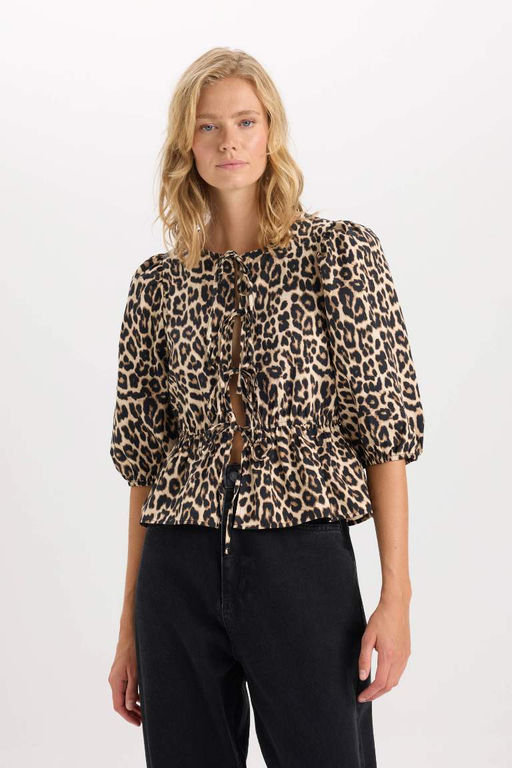 Прилегающая блузка из поплина с длинными рукавами и круглым вырезом с леопардовым узором и завязкой спереди - Defacto фото 3