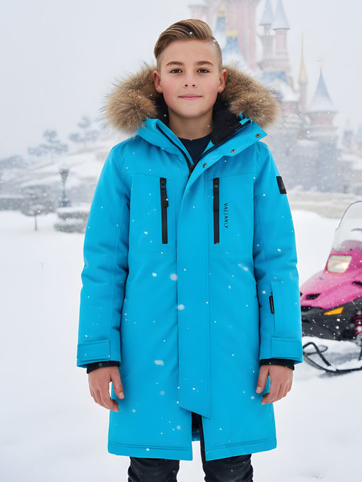 Парка зимняя подростковая для мальчика с капюшоном и мехом голубого цвета 9537Gl