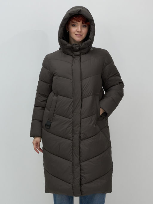Пальто зимнее утепленное с капюшоном женское темно-коричневого цвета 7623TK