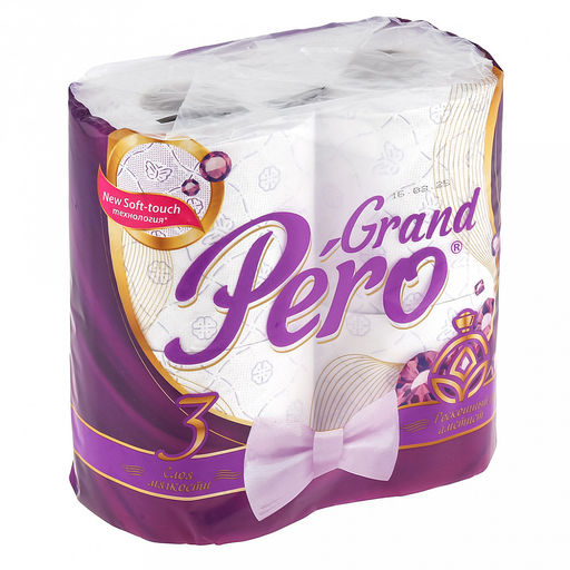Туалетная бумага 3-х слойная "GrandPero", 4 рулона в упаковке, "Роскошный аметист", целлюлоза 17г/м2, 15,5м/рулон, 116 листов 14х9,5см, белый с цветным прокрасом (Россия)
