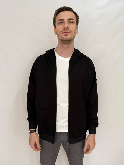 KM1853 Толстовка на молнии с капюшоном OVER SIZE (плотный хлопок) ЧЕРНЫЙ