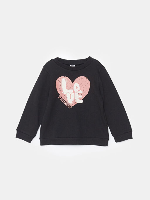 Bisiklet Yaka Bask?l? K?z ?ocuk Sweatshirt ve E?ofman Alt 2li