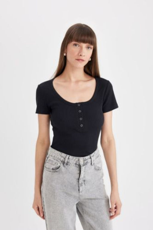 Slim Fit Dar Kesim Bisiklet Yaka Fitilli Kaskorse K?sa Kollu Tisort