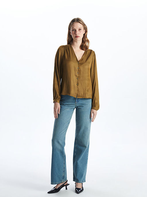 V Yaka Saten Kad?n Bluz