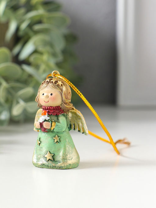 Цена за 2 шт. Фигурка - подвеска полистоун «Ангелочек со звёздами на зелёном платье, со свечой в руках», ёлочная игрушка, 3.8×2.6×5 см