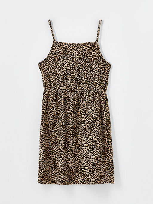 Kare Yaka Leopar Desenli K?z ?ocuk Elbise