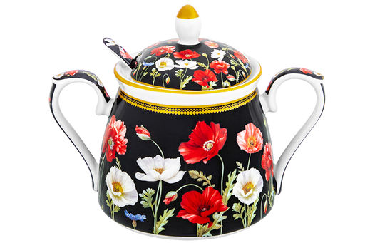 Сахарница 450 мл 15*10*11,5 см "Маки на черном" + ложка NEW BONE CHINA
