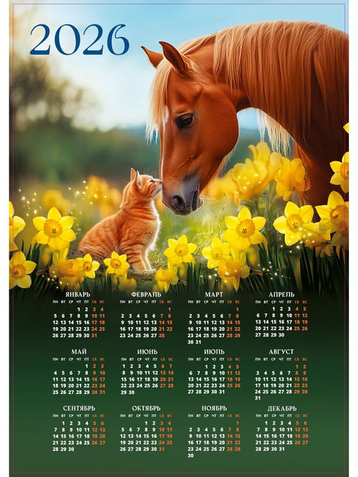 Цена за 20 шт. Календарь 2026 настенный «Лошадь с котёнком», А2