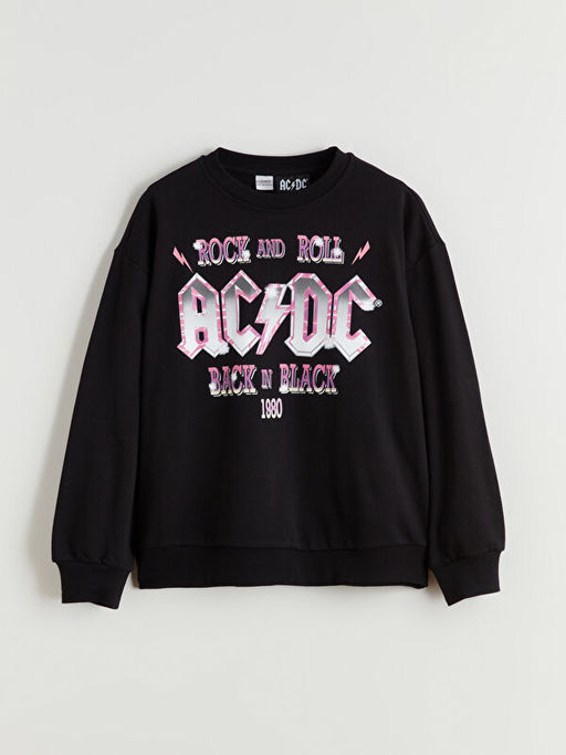 Bisiklet Yaka AC/DC Bask?l? K?z ?ocuk Sweatshirt