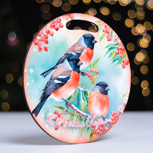 Доска разделочная сувенирная «Птицы.С новым годом», d=25.5 см, дерево, разноцветная