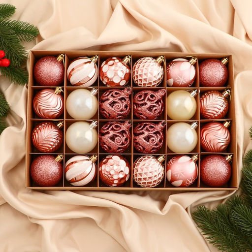 Ёлочные игрушки Мелодия ассорти люкс, шары новогодние, d=6 см, набор 24 шт., бело-розовый