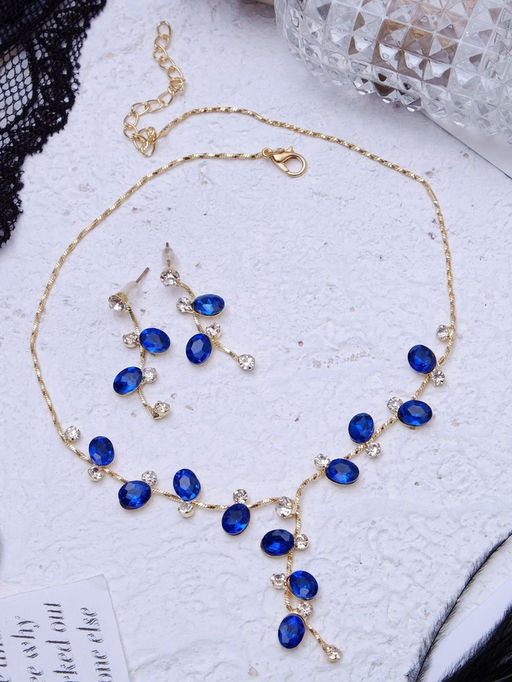 Набор 2 предмета: серьги, колье Изумление цветение, цвет сине-белый в золоте, 42 см