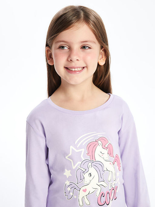 Bisiklet Yaka Uzun Kollu Bask?l? K?z ?ocuk Ti??rt