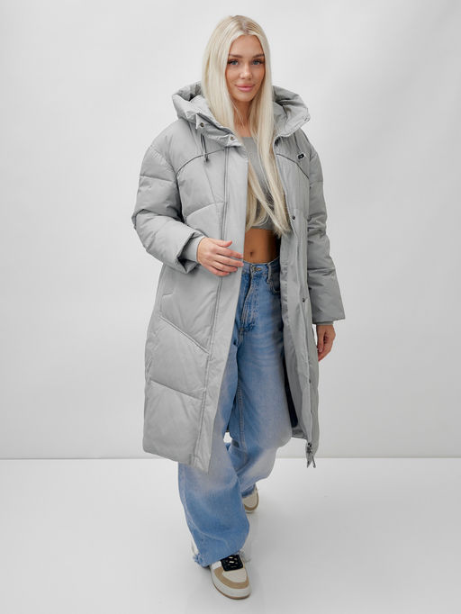 Пальто летучая мышь женское с капюшоном зимнее серого цвета 9616Sr - Mtforce фото 15