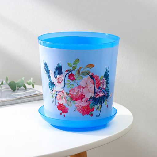 Горшок для цветов с поддоном Доляна «Танец журавлей», 1.6 л, d=14 см, h=15.5 см, цвет голубой