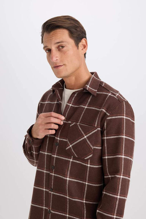 Фланелевая рубашка стандартного кроя с воротником поло и длинными рукавами в клетку - Defacto фото 4
