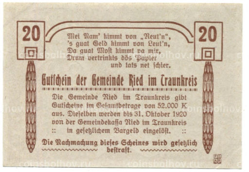20 геллеров 1920 года Австрия Рид-им-Траункрайс (нотгельд)