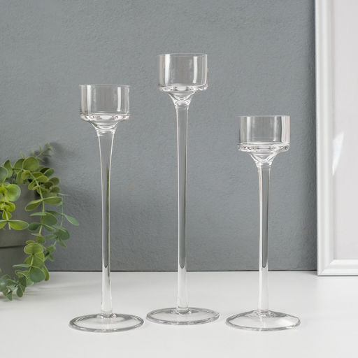 Набор подсвечников на 1 свечу «Прозрачность мыслей», 3 шт., стекло, h=26 см, 23 см, 20 см, прозрачный