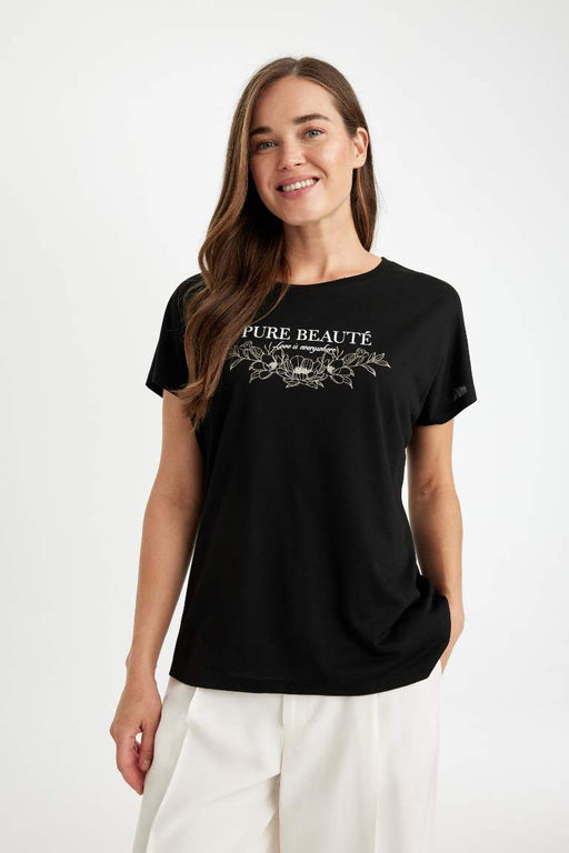 Женская черная футболка обычного кроя с круглым вырезом и блестящим принтом с короткими рукавами - Defacto фото 3