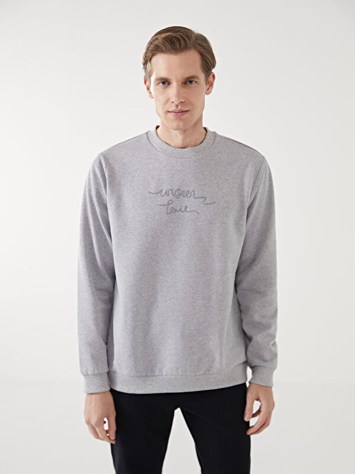 Bisiklet Yaka Uzun Kollu Bask?l? Erkek Sweatshirt