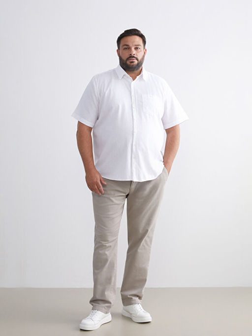 B?y?k Beden Regular Fit K?sa Kollu Keten Kar???ml? Erkek G?mlek