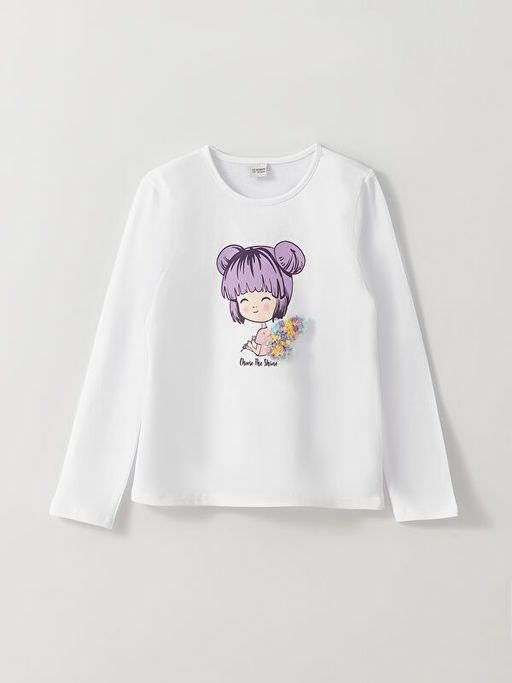 Bisiklet Yaka Bask?l? Uzun Kollu K?z ?ocuk Ti??rt