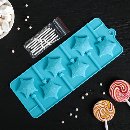Форма для леденцов новогодняя Доляна Звездочёт, силикон, 9.5?24?1 см, 6 ячеек (4.2?3.8 см), с палочками, МИКС