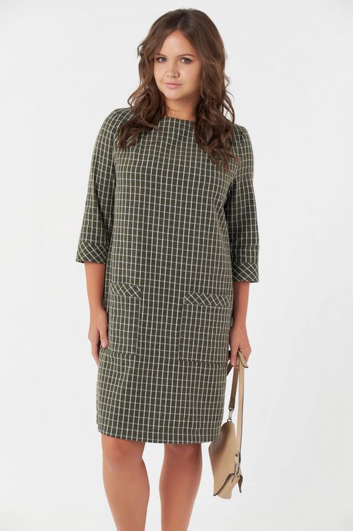 Платье офисное прямое короткое из хлопка большого размера в клетку на зеленом
