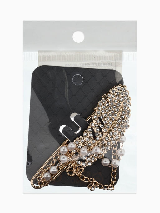 Булавка «Перо с цепочкой и жемчугом», в стразах, L=7.5 см, белая в золоте