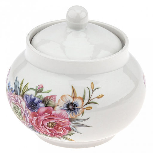 Сахарница фарфоровая "Розы 3D" 2 вариант 500мл, д12см, h9см, форма "Рубин" (Россия)