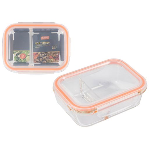 Контейнер GUSTO, 600 мл, 2 секции, из жаропрочного стекла с защёлками арт.008676 - Mallony фото 2