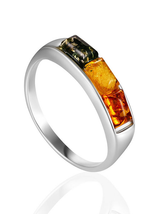 Кольцо с тремя вставками из искрящегося янтаря Мозаика
