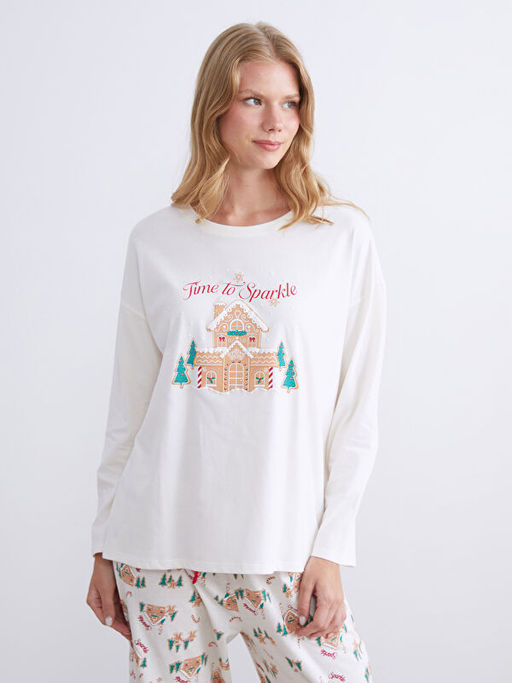 Bisiklet Yaka Y?lba?? Temal? Kad?n Pijama ?st?