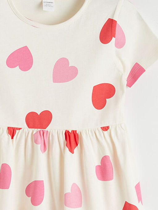 Bisiklet Yaka Kalp Bask?l? K?z ?ocuk Penye Elbise