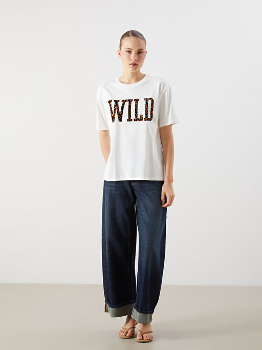 Bisiklet Yaka Bask?l? Oversize Kad?n Ti??rt