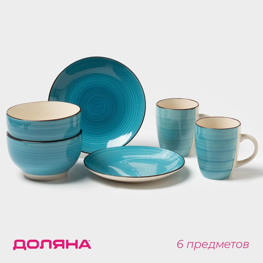 Набор посуды Доляна «Бриз», 6 предметов: кружка 360 мл, салатник 800 мл, тарелка d=19 см, керамика, голубой