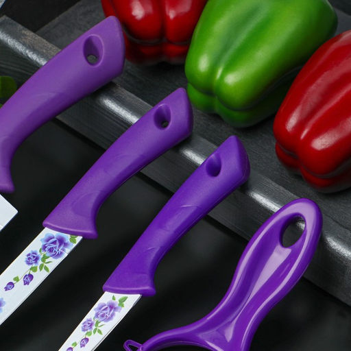 Набор кухонных принадлежностей,4 предмета: 3 ножа с антиналипающим покрытием, лезвие 8,5 см, 12 см, 20 см, овощечистка, цвет фиолетовый - Доляна фото 3