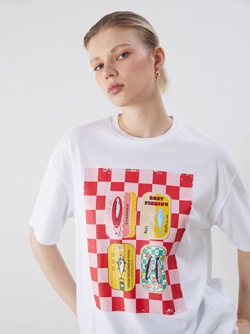 Bisiklet Yaka Bask?l? Oversize Kad?n Ti??rt