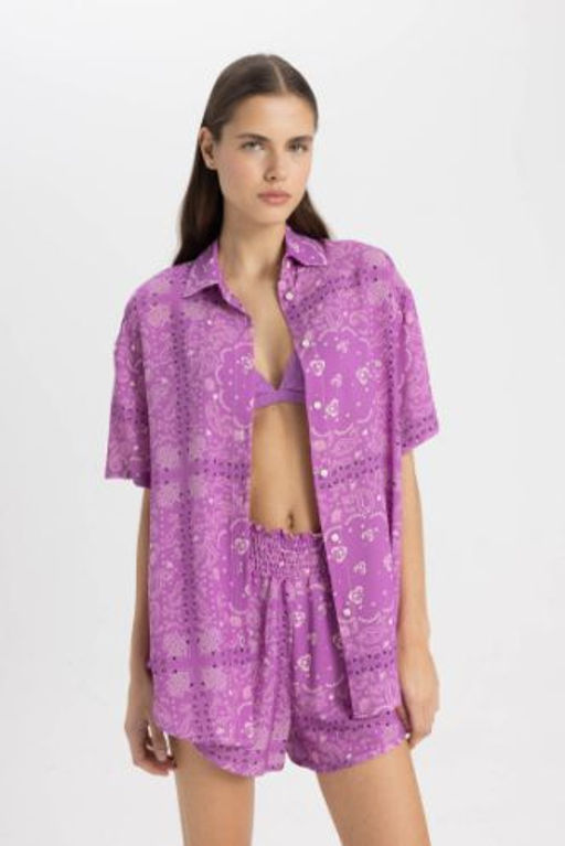 Fall in Love Regular Fit Desenli Viskon Plaj Gomlegi
