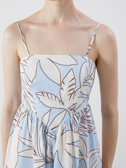 Kare Yaka ?i?ekli Poplin Elbise