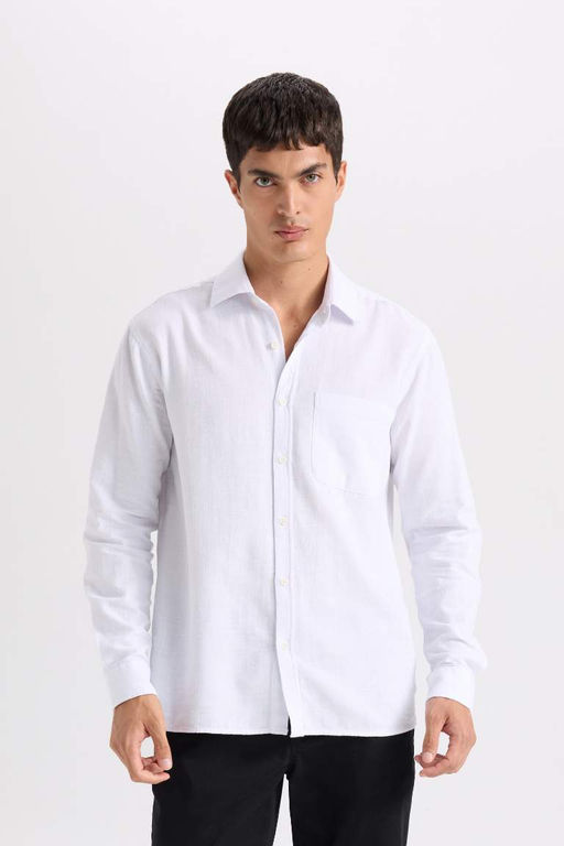 Мужская белая хлопковая базовая рубашка обычного кроя с длинными рукавами и обычным кроем - Defacto фото 3