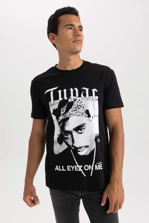Футболка стандартного кроя с круглым вырезом и короткими рукавами Tupac Shakur - Defacto фото 3