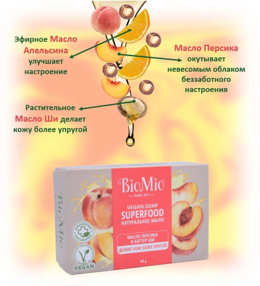 АКЦИЯ! Мыло твердое 90гр BioMio BIO-SOAP Натуральное Персик и Ши  фото 2