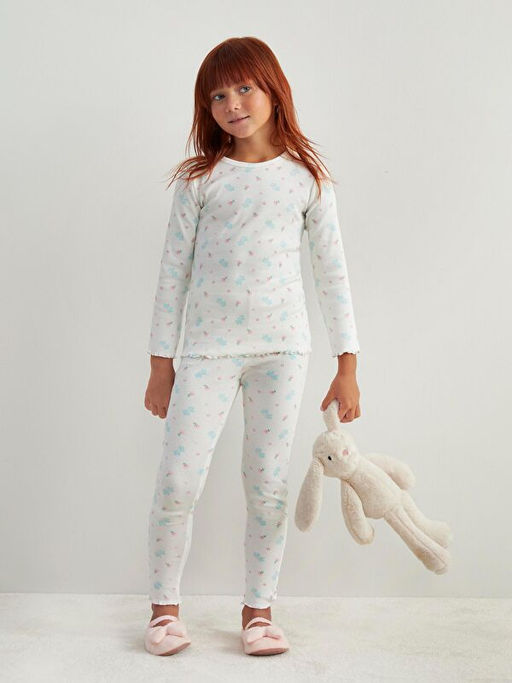 Bisiklet Yaka ?i?ekli K?z ?ocuk Pijama Tak?m?