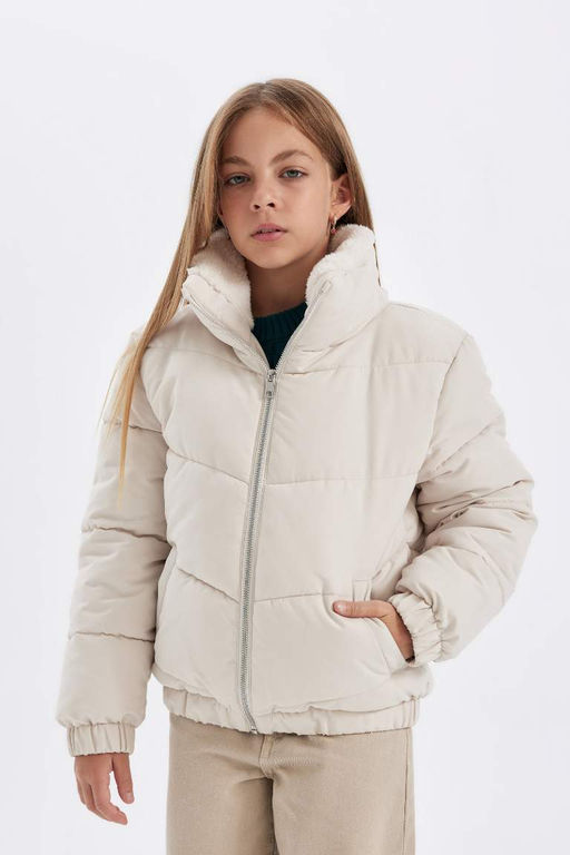 Пуховик на молнии с высоким воротником и плюшевой подкладкой для девочек - Defacto фото 4